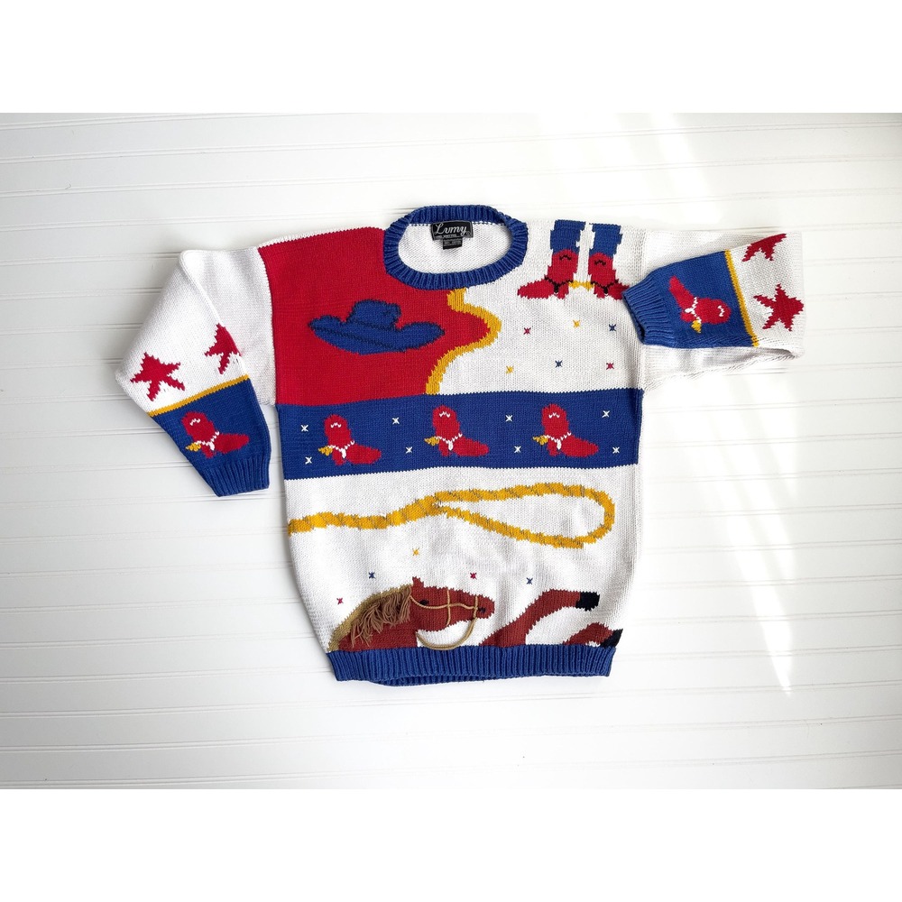 vtg Lumy Peru red white blue cowboy‎ cowgirl horse novelty hand knit sweater
